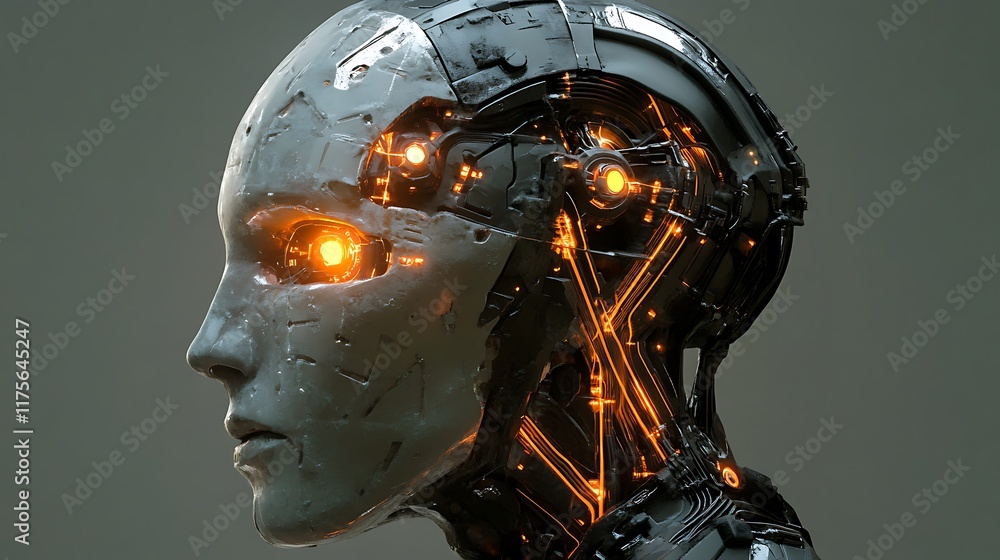 Detailed humanoid head featuring advanced AI designs and luminous connections Detailed humanoid head featuring advanced AI designs and luminous connections
