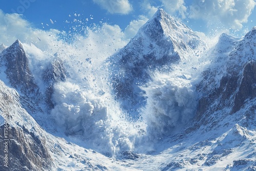 Massive snow avalanche cascading down a mountain peak. AI generated image
