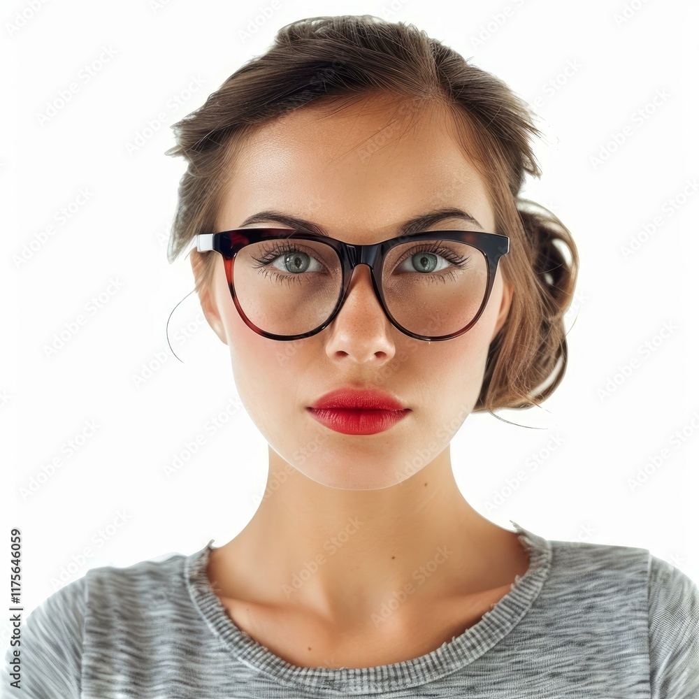 Close up studio portrait of a confident young woman wearing stylish eyeglasses and red lipstick, showcasing a trendy and fashionable look Close up studio portrait of a confident young woman wearing stylish eyeglasses and red lipstick, showcasing a trendy and fashionable look