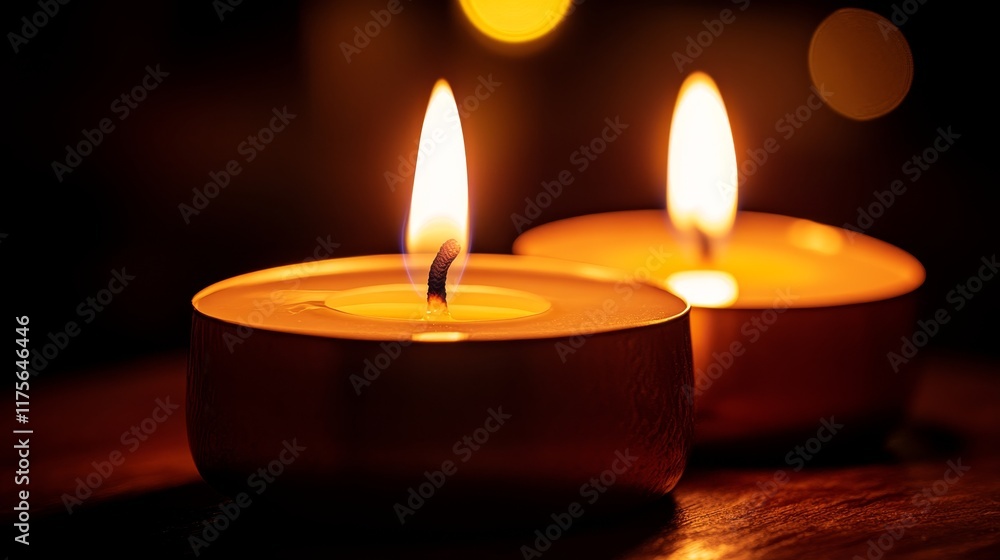 Two lit candles creating a warm, inviting atmosphere in a dimly lit setting. Two lit candles creating a warm, inviting atmosphere in a dimly lit setting.
