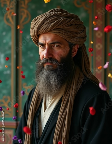 Islamic scholars from various periods of history, smooth facial features, bushy beards, colorful clothes, rose petals flying in the air, marble wall in the background, mystical photo