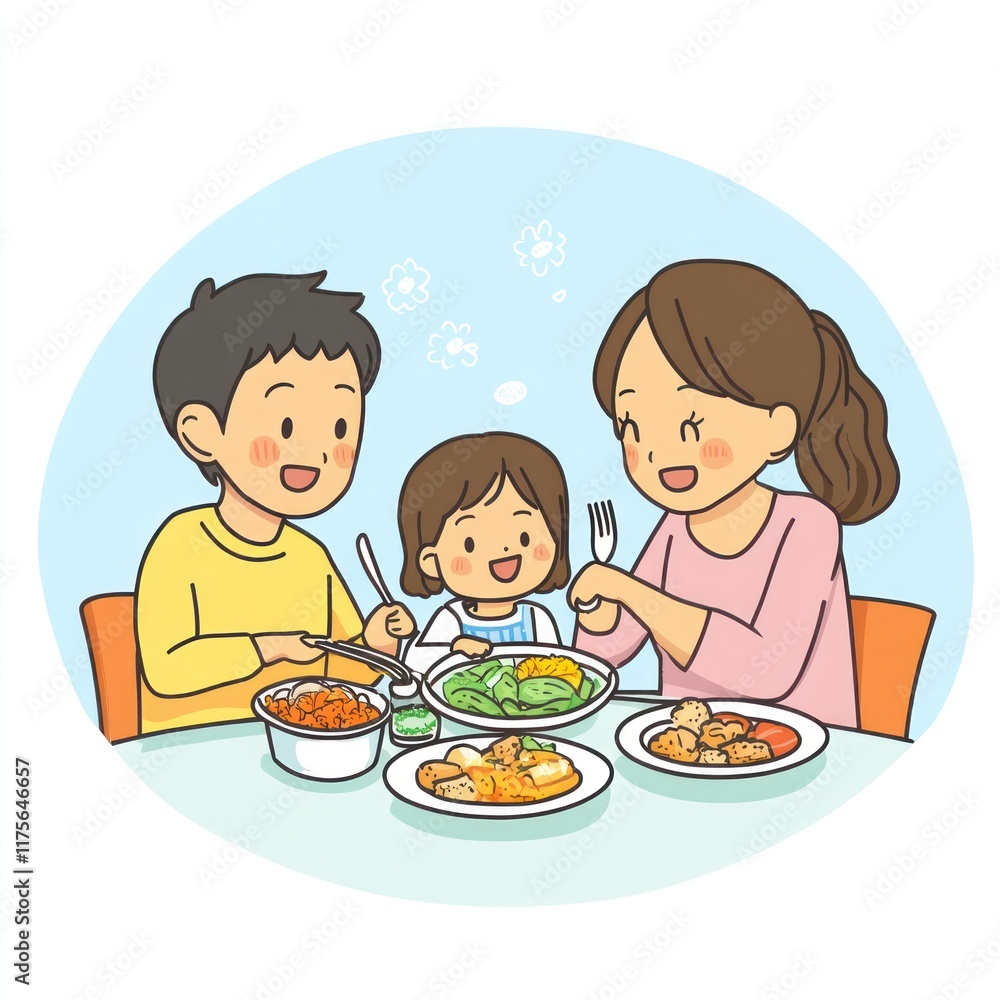 A family enjoying a meal together at a table, sharing food and smiles. A family enjoying a meal together at a table, sharing food and smiles.