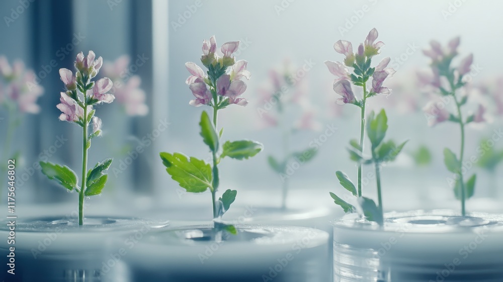 Delicate Pink Flowers Emerging from Laboratory Beakers in a Controlled Environment, Showcasing the Beauty of Nature Meets Science in Plant Growth Research Delicate Pink Flowers Emerging from Laboratory Beakers in a Controlled Environment, Showcasing the Beauty of Nature Meets Science in Plant Growth Research
