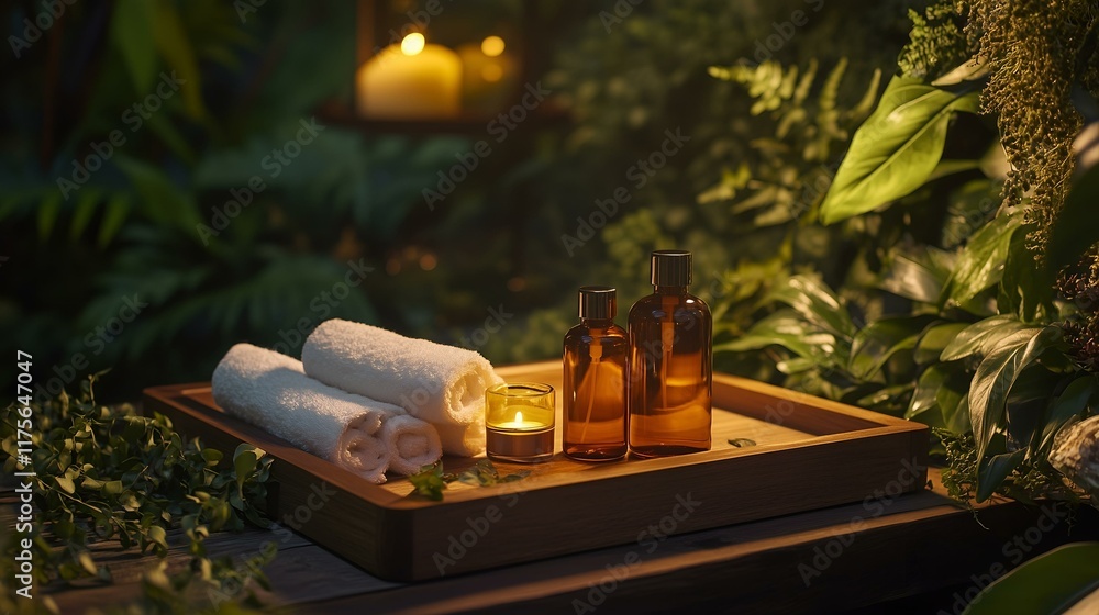 A tranquil spa setup featuring amber bottles, rolled white towels, a lit candle, and lush green foliage in soft lighting. A tranquil spa setup featuring amber bottles, rolled white towels, a lit candle, and lush green foliage in soft lighting.