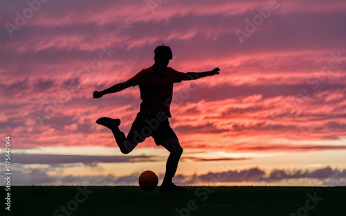 A soccer player in action, kicking a ball with the sun setting behind.
 photo