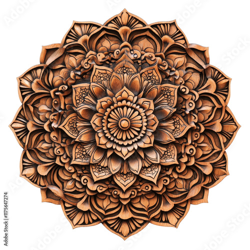 Intricate carved wooden mandalas showcasing detailed craftsmanship against a transparent background, Intricate Carved Wooden Mandalas On transparent background photo