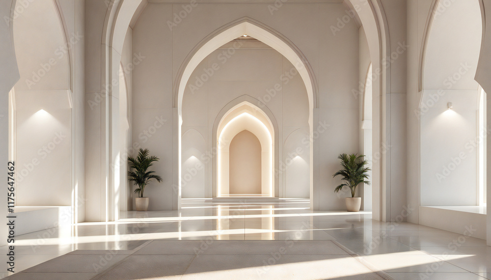 A spacious interior with high arches and soft lighting . The walls are smooth and light-colored, creating a minimalist aesthetic. There are two potted plants on either side, adding a touch of green. A spacious interior with high arches and soft lighting . The walls are smooth and light-colored, creating a minimalist aesthetic. There are two potted plants on either side, adding a touch of green.