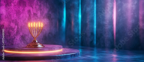 A futuristic glowing menorah casting vibrant hues in mystical setting photo