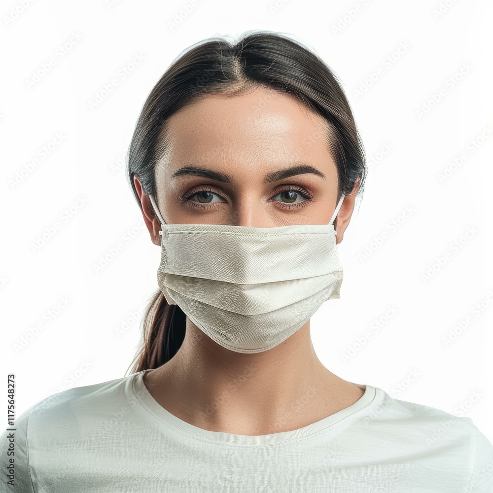 Female doctor wearing protective mask looking at camera on white background Female doctor wearing protective mask looking at camera on white background