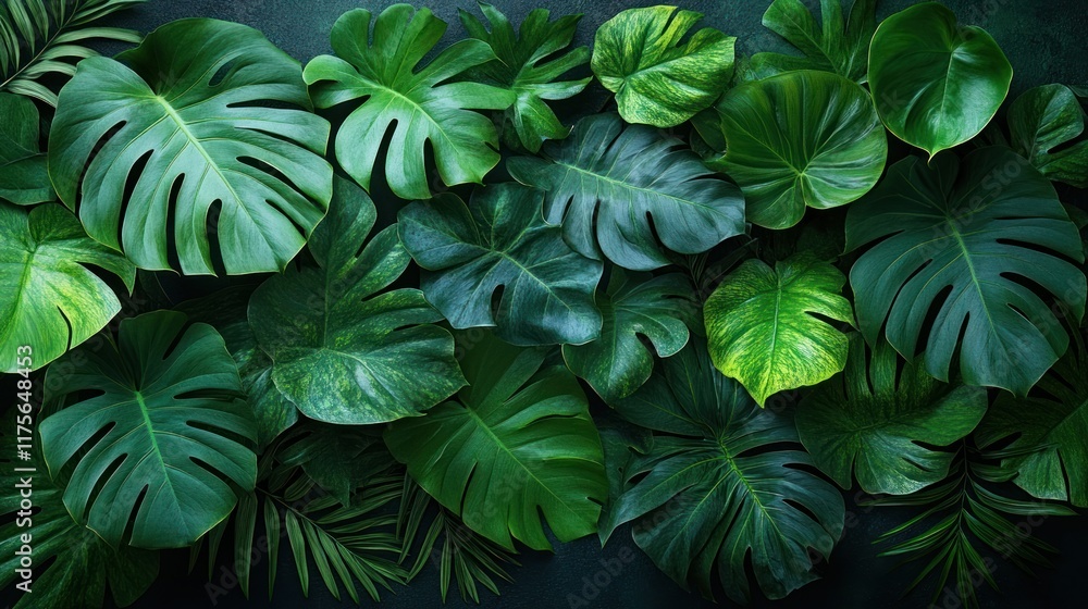 A vibrant arrangement of various green leaves creating a lush, tropical backdrop. A vibrant arrangement of various green leaves creating a lush, tropical backdrop.