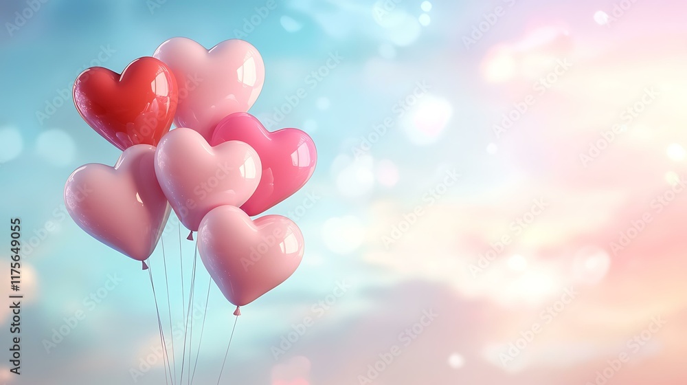 Elegant Valentine’s Day background with floating heart-shaped balloons and a pastel sky, perfect for creating festive flyers or invitations Elegant Valentine’s Day background with floating heart-shaped balloons and a pastel sky, perfect for creating festive flyers or invitations