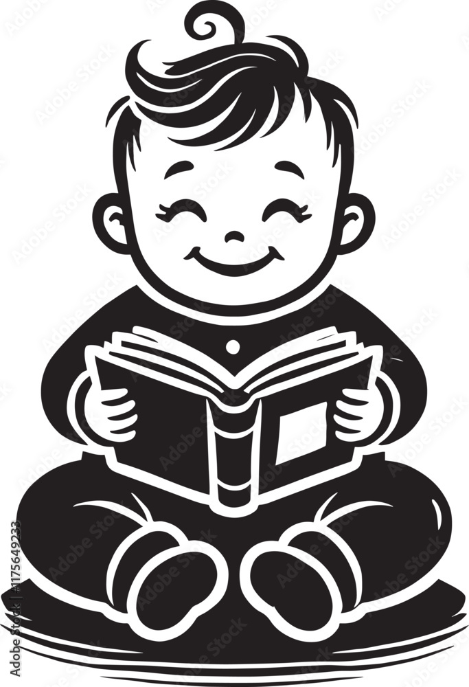 Cute little baby reading book silhouette vector illustration isolated on a white background Cute little baby reading book silhouette vector illustration isolated on a white background
