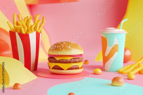 hamburger combo deals, a promotional display of burger combos, featuring a burger, fries, and a drink in a vibrant and appetizing layout photo