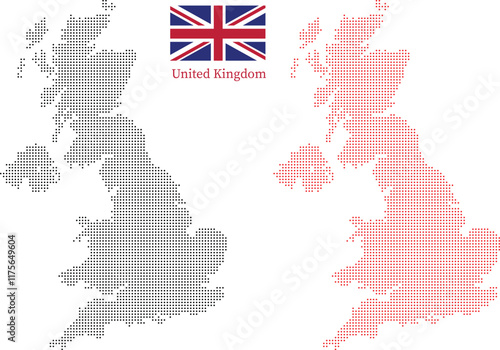 Red and black dotted map of the United Kingdom	with flag