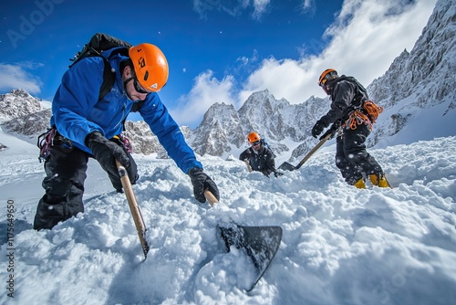 Rescuers navigate snowy mountains with gear and teamwork. Search and rescue operation Avalanche. AI generated image