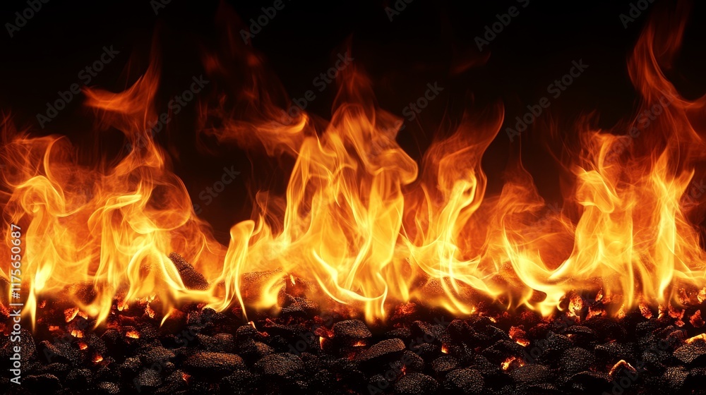 A vivid depiction of flames dancing over dark rocks, conveying heat and intensity. A vivid depiction of flames dancing over dark rocks, conveying heat and intensity.