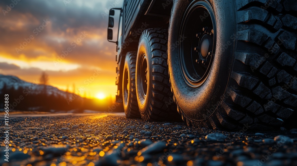 Close-up of truck wheels on a gravel road during sunset, highlighting the textured tires and warm light Close-up of truck wheels on a gravel road during sunset, highlighting the textured tires and warm light