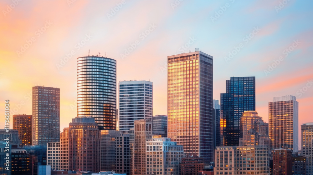 panoramic view of city skyline at dusk, showcasing modern skyscrapers with vibrant sunset sky. buildings reflect warm hues of setting sun, creating stunning urban landscape panoramic view of city skyline at dusk, showcasing modern skyscrapers with vibrant sunset sky. buildings reflect warm hues of setting sun, creating stunning urban landscape