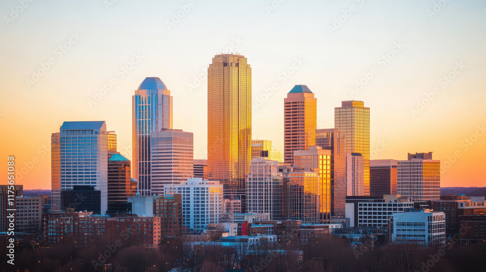 Fototapeta premium stunning city skyline at dusk with skyscrapers reflecting warm glow of setting sun, creating vibrant urban landscape. buildings stand tall against colorful sky, showcasing modern architecture