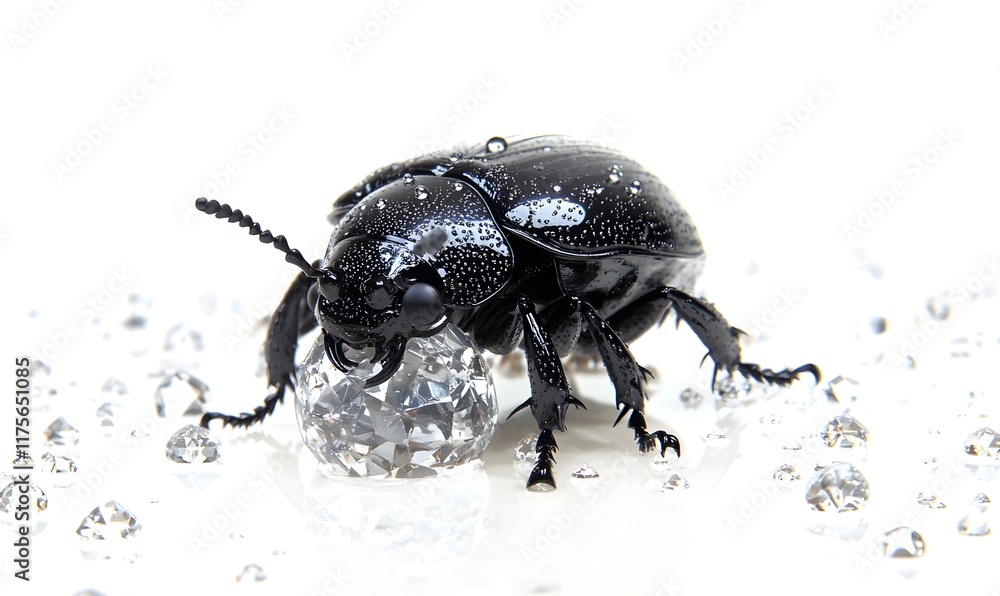 Naklejka premium Black beetle with water droplets holding a crystal.