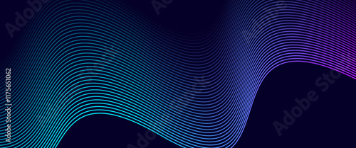 Dark abstract background with glowing wave. Shiny moving lines design element. Modern purple blue gradient flowing wave lines. Futuristic technology