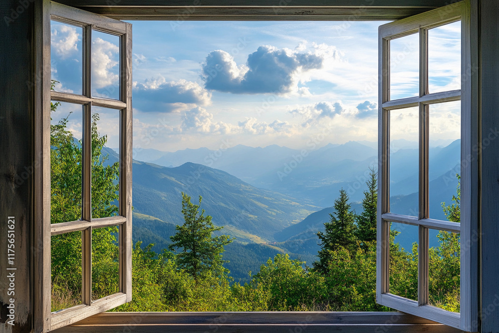 Fototapeta premium Breathtaking view through an open window showcasing tranquil lake and majestic mountains under a clear blue sky in the afternoon light