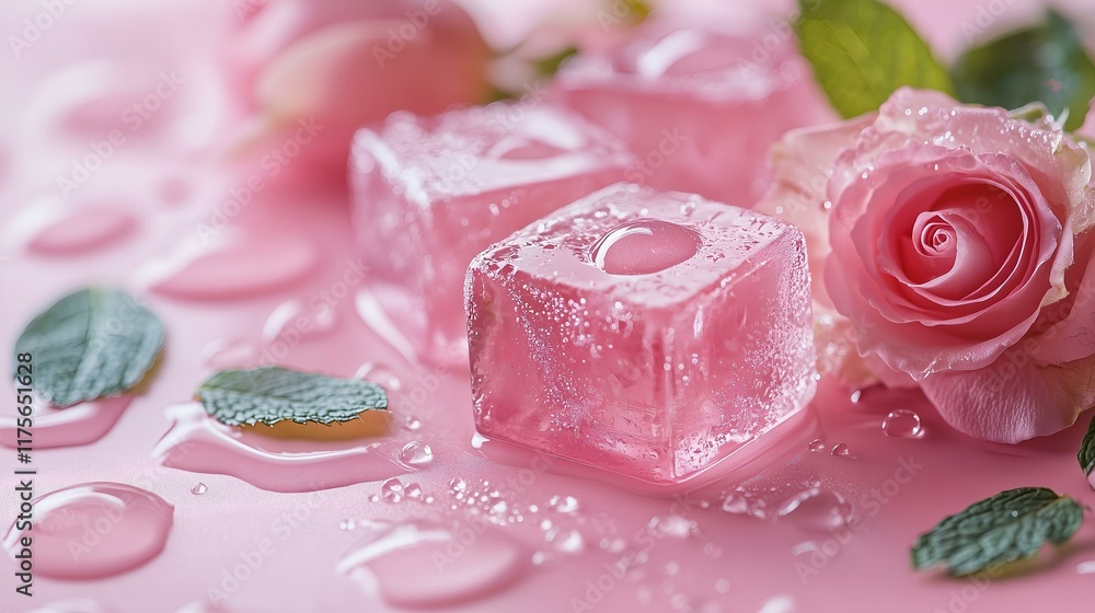 Pink ice cubes with bubbles surrounded by roses, mint leaves, and water drops, creating a refreshing composition. Pink ice cubes with bubbles surrounded by roses, mint leaves, and water drops, creating a refreshing composition.