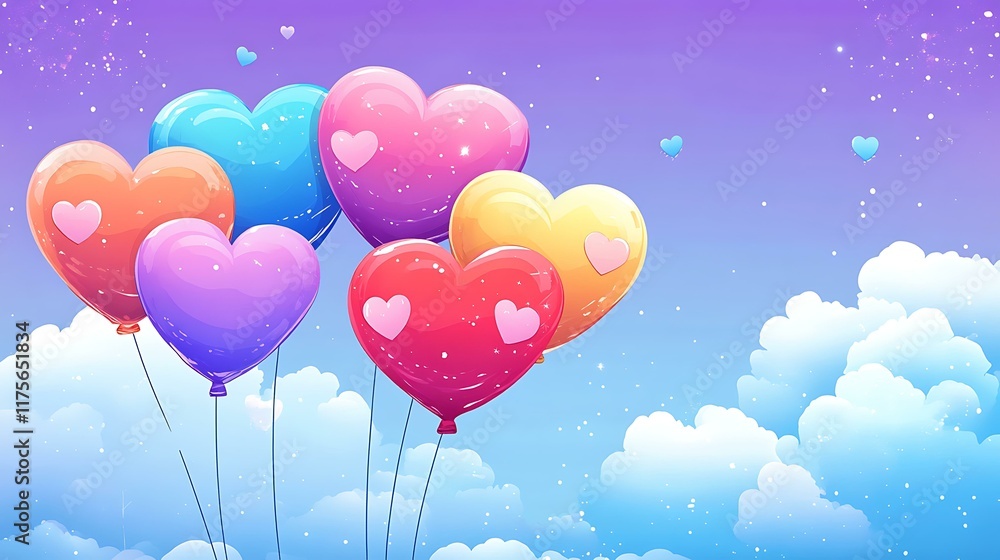 Colorful heart-shaped balloons drifting in the sky, creating a romantic atmosphere for Valentine's Day flyers and posters Colorful heart-shaped balloons drifting in the sky, creating a romantic atmosphere for Valentine's Day flyers and posters