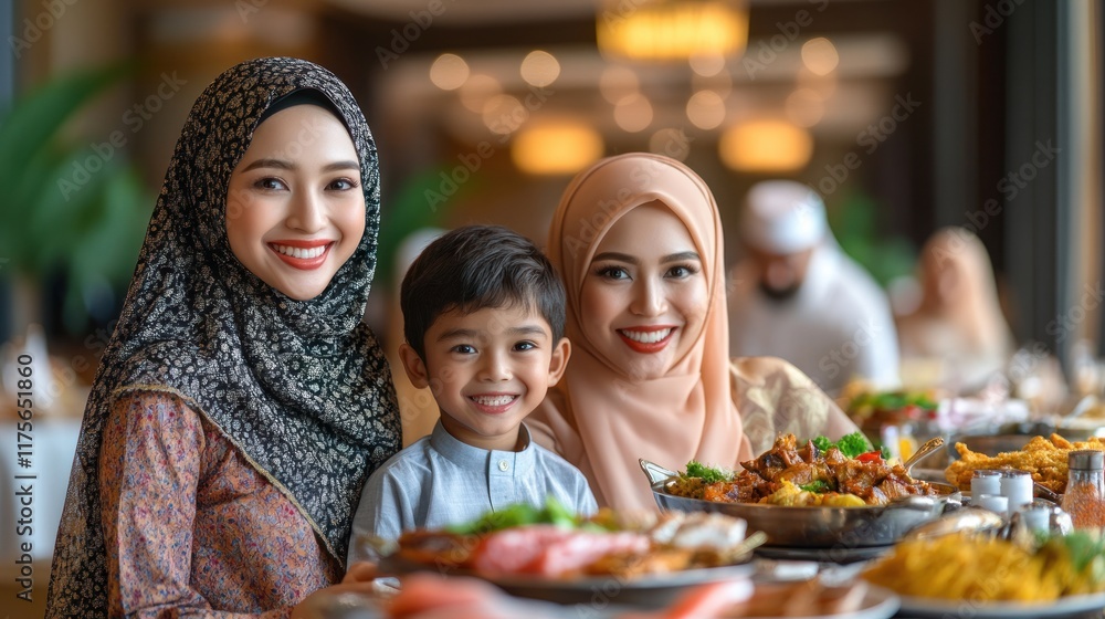 A joyful family enjoying a meal together in a restaurant setting. A joyful family enjoying a meal together in a restaurant setting.
