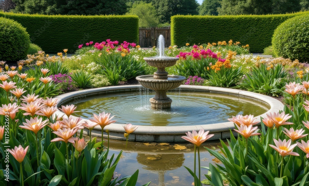 Beautiful garden fountain surrounded by flowers Beautiful garden fountain surrounded by flowers
