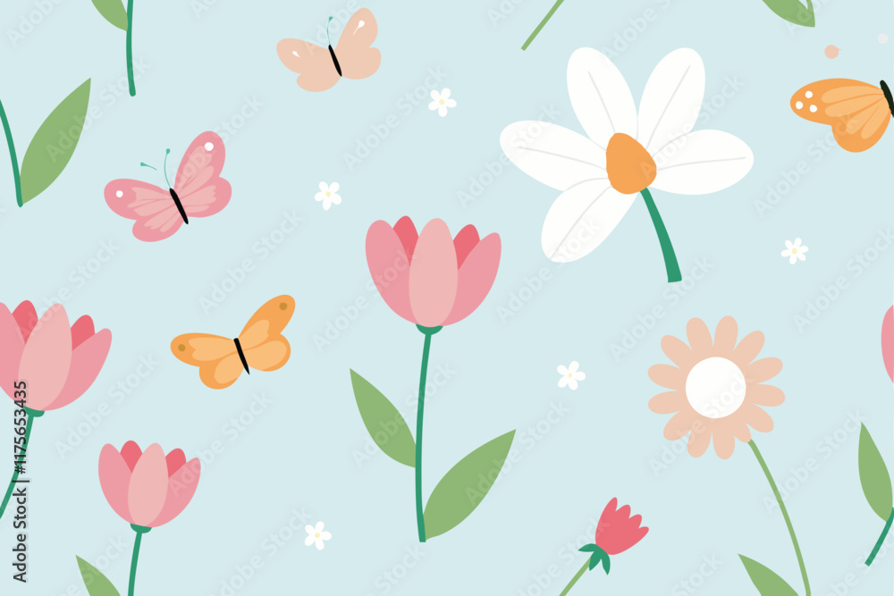 Pretty Pastel Floral Spring Butterfly Seamless Pattern Design Pretty Pastel Floral Spring Butterfly Seamless Pattern Design