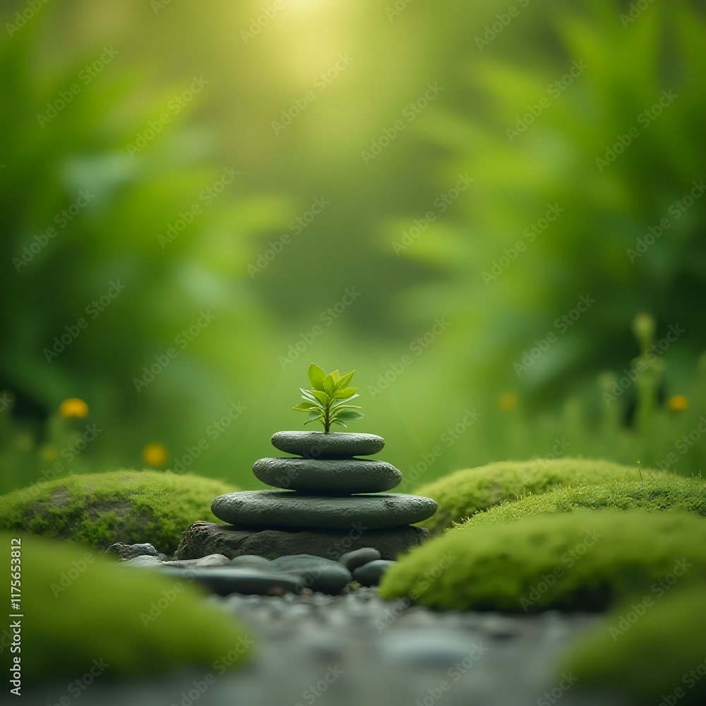 A tranquil scene with a stack of gray stones on a mossy rock in the foreground, surrounded by a lush, green forest and warm sunlight. A tranquil scene with a stack of gray stones on a mossy rock in the foreground, surrounded by a lush, green forest and warm sunlight.