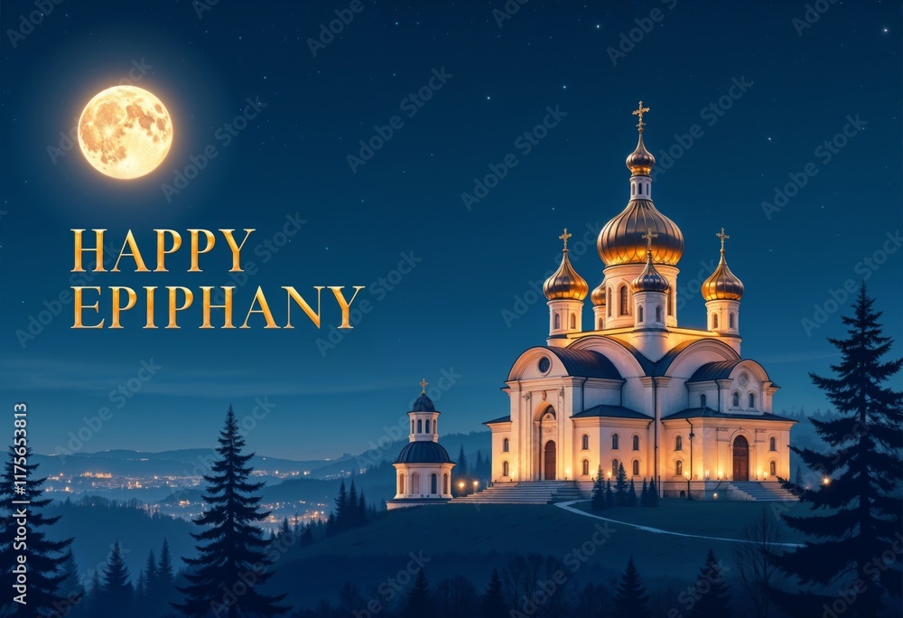 Fototapeta premium Illuminated Orthodox church with golden domes under a starry night.Nighttime landscape, faith-focused holiday decor, Epiphany celebration design.Serenity. Mystery. Spiritual glow.