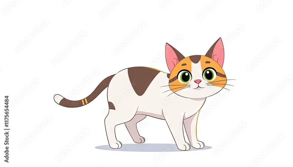 Cute calico kitten standing, white background, playful mood, children's book illustration Cute calico kitten standing, white background, playful mood, children's book illustration
