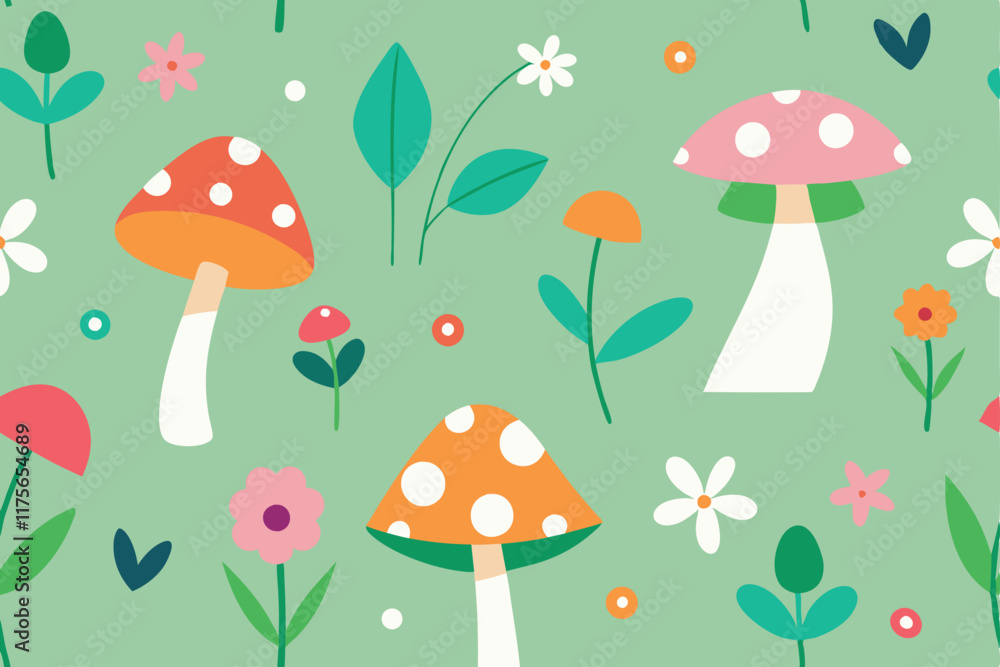 Cute Cartoon Mushrooms and Flowers Seamless Pattern Design Cute Cartoon Mushrooms and Flowers Seamless Pattern Design