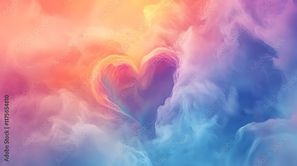 Beautiful abstract heart in the clouds with vibrant colors and soft mist, set against a dreamy pastel sky background Beautiful abstract heart in the clouds with vibrant colors and soft mist, set against a dreamy pastel sky background