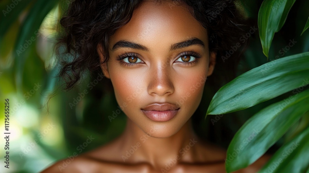 A close-up portrait of a woman surrounded by lush green foliage. A close-up portrait of a woman surrounded by lush green foliage.