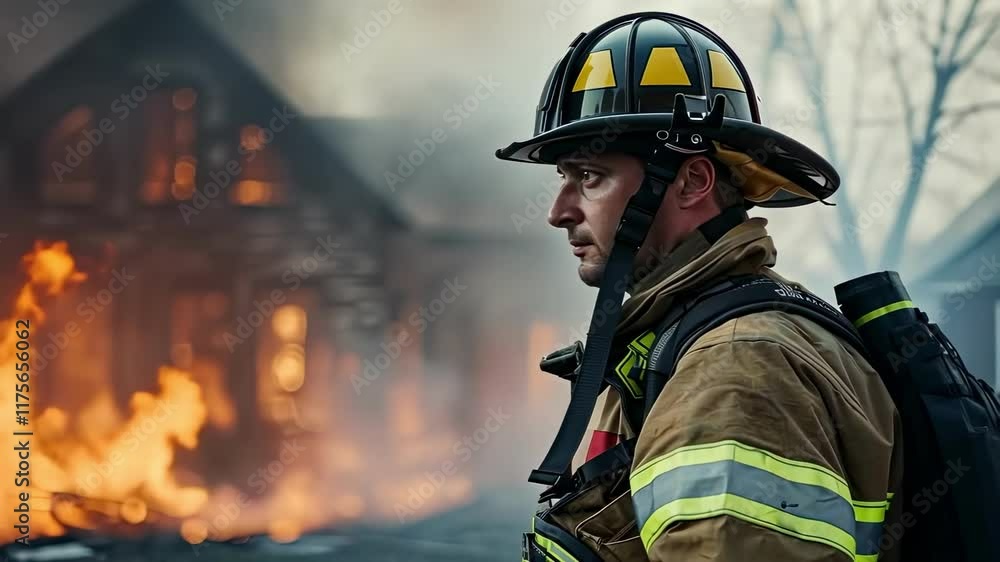 close-up of a firefighter on the background of a fire. Selective focus close-up of a firefighter on the background of a fire. Selective focus