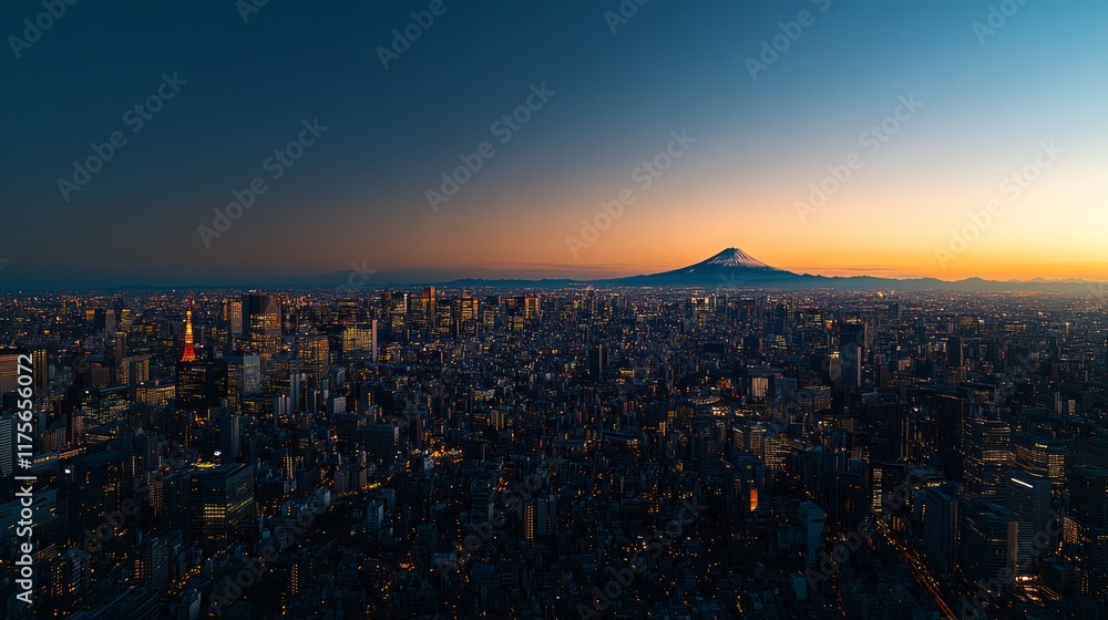 Fototapeta premium Stunning sunrise over Tokyo skyline with Mount Fuji in the distance.