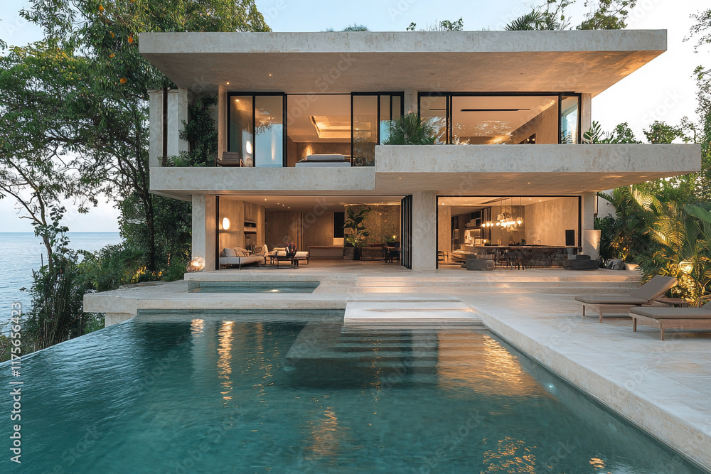 Fototapeta premium Modern Coastal Concrete House with Infinity Pool