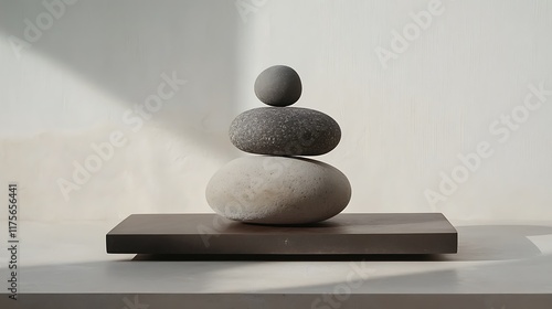 Balancing stones on a dark plank atop a round stone on a white surface in natural tones