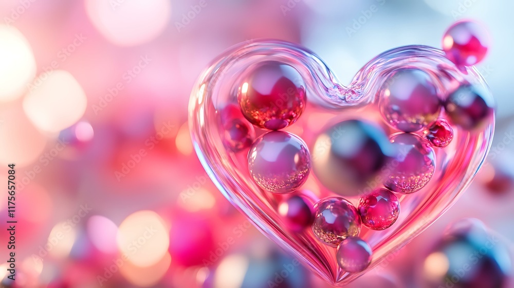 Abstract 3D heart composed of multicolored glass and metallic spheres in pink and red, with soft lighting creating a reflective surface Abstract 3D heart composed of multicolored glass and metallic spheres in pink and red, with soft lighting creating a reflective surface