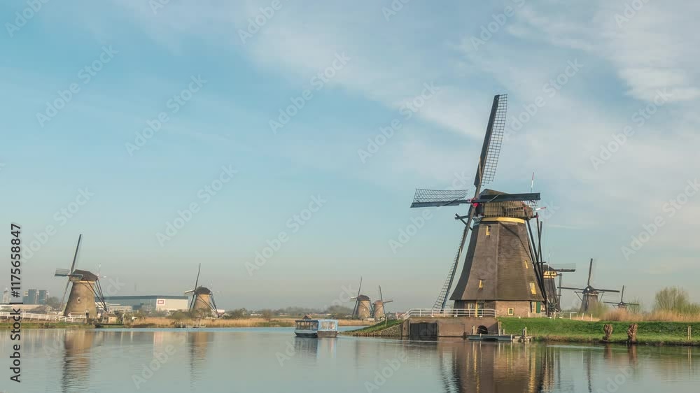 Dutch Windmill time lapse at Kinderdijk Village, Rotterdam, Netherlands Dutch Windmill time lapse at Kinderdijk Village, Rotterdam, Netherlands
