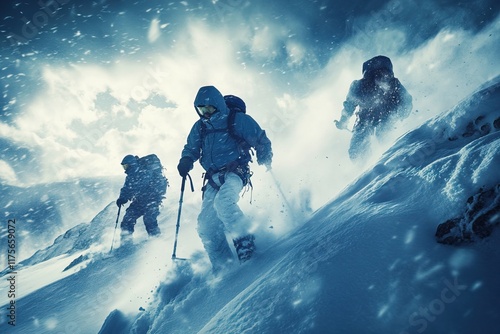 Rescuers navigate snowy mountains with gear and teamwork. Search and rescue operation Avalanche. AI generated image