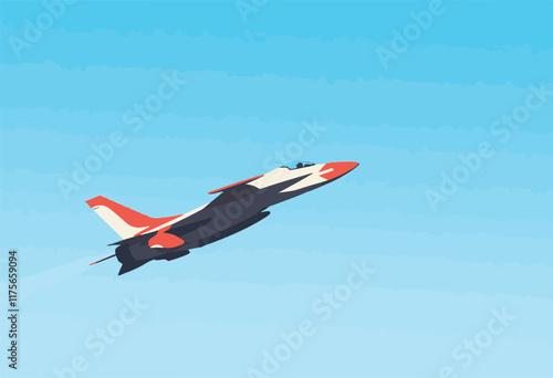 Fighter Jet in Flight Against Clear Blue Sky 2D Vector Illustration