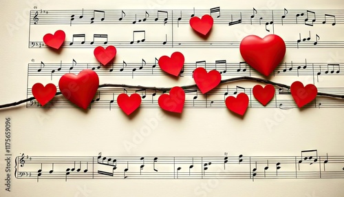 Red hearts on music sheets. Romantic love theme