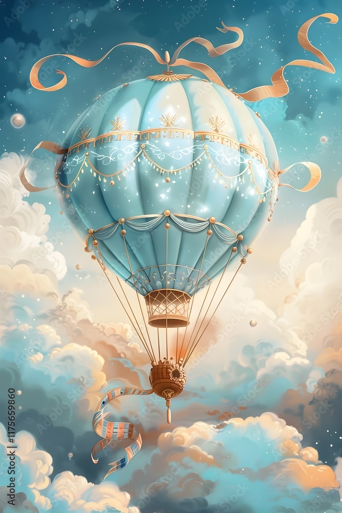 Obraz premium Whimsical Aerial Voyage Through Ethereal Dreamscape of Floating Balloons and Clouds