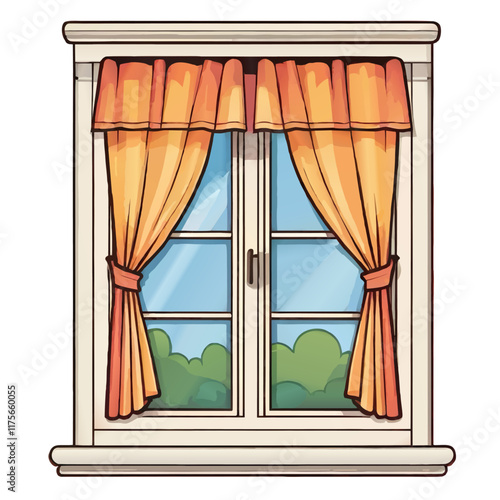 cartoon window with curtains and view outside vector illustration