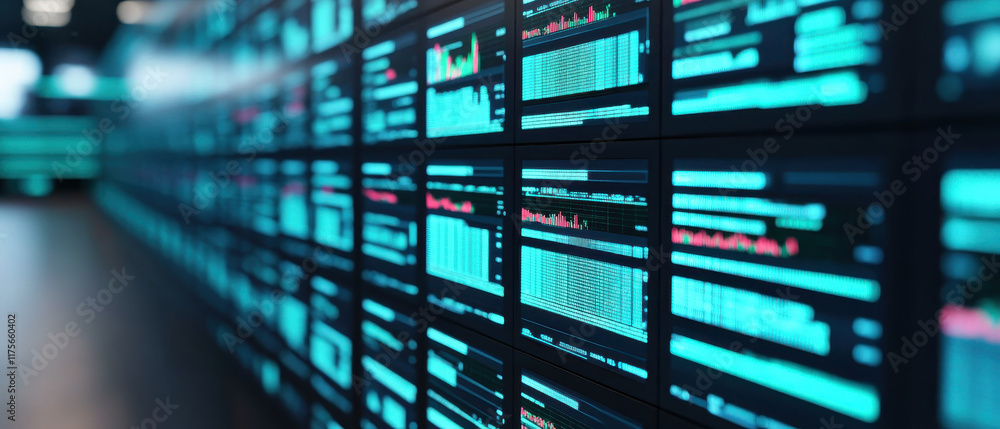 widescreen view of room filled with digital screens displaying data visualizations, charts, and graphs, creating futuristic and high tech atmosphere