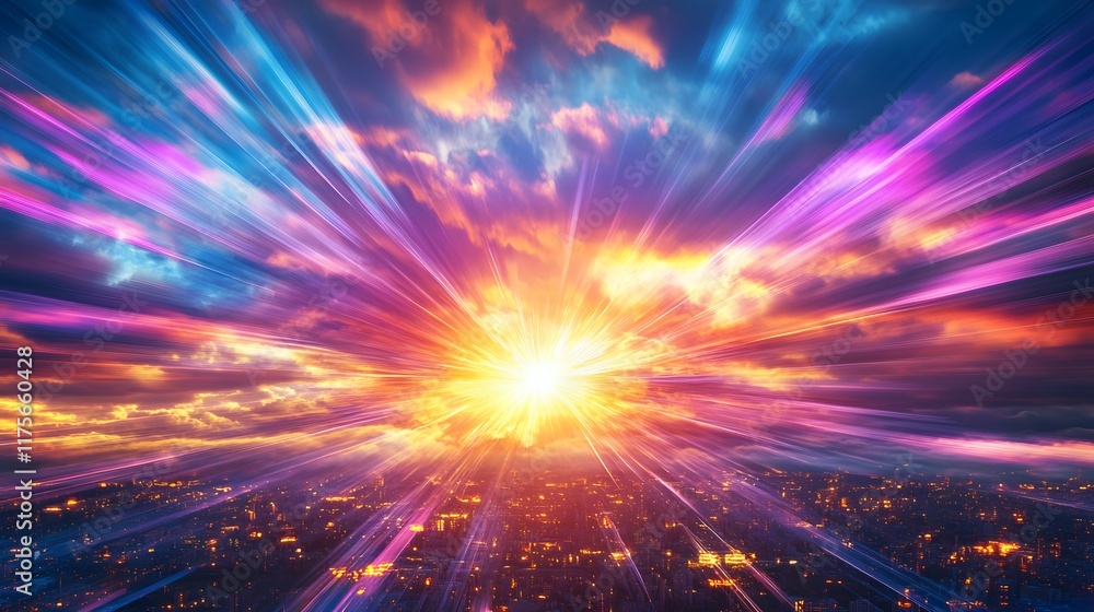 Obraz premium Vibrant Sunset Rays Over Illuminated Cityscape